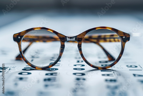 A pair of glasses is on a table with a blue background. The glasses are brown and have a cat-eye shape
