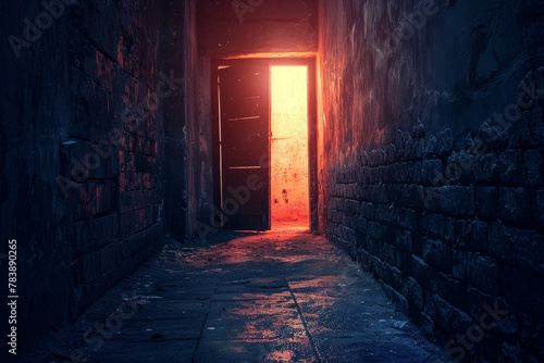 A dark hallway with a door that is open to the light. Scene is eerie and mysterious, as the hallway appears to be empty