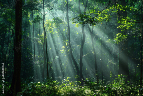 The forest is full of trees and plants  and the sunlight is shining through the leaves  creating a peaceful and serene atmosphere