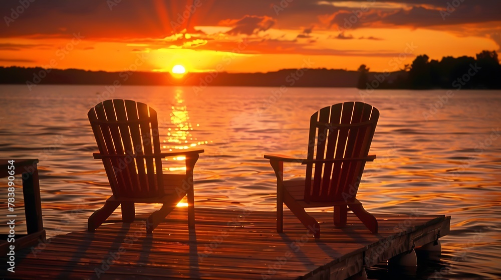 On the wooden dock two Adirondack chairs are facing the sunset orange hues On the wooden dock two Adirondack chairs are facing the sunset orange hues