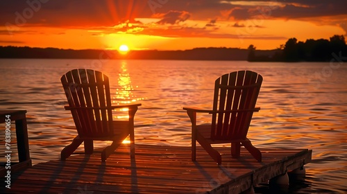 On the wooden dock two Adirondack chairs are facing the sunset orange hues © James