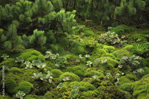 A lush green field with a variety of plants including moss and ferns. The scene is serene and peaceful, with the plants creating a sense of calm and tranquility