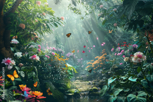 A lush, colorful forest with butterflies and flowers
