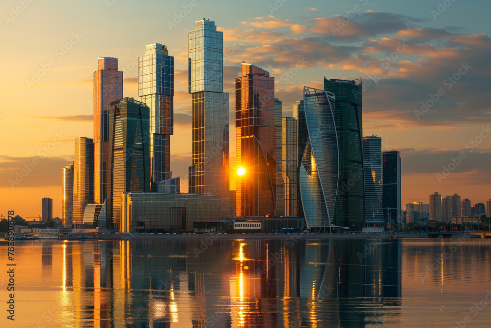 The sun is setting over a city skyline, casting a warm glow on the buildings. The reflection of the sun can be seen on the glass windows of the skyscrapers, creating a beautiful and serene atmosphere