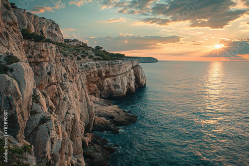 A beautiful sunset over the ocean with the sun shining on the water. The sky is filled with clouds, creating a serene and peaceful atmosphere