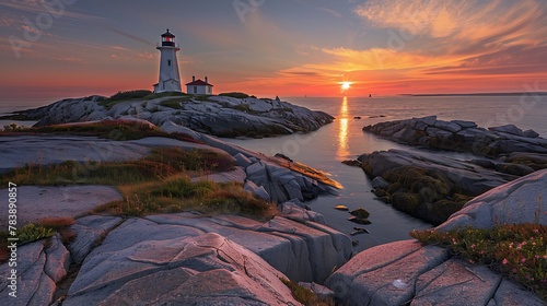 Peggys cove lighthouse sunset ocean view landscape in halifax