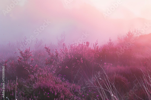 A field of pink flowers with a hazy, foggy atmosphere. The flowers are scattered throughout the field, with some in the foreground and others in the background