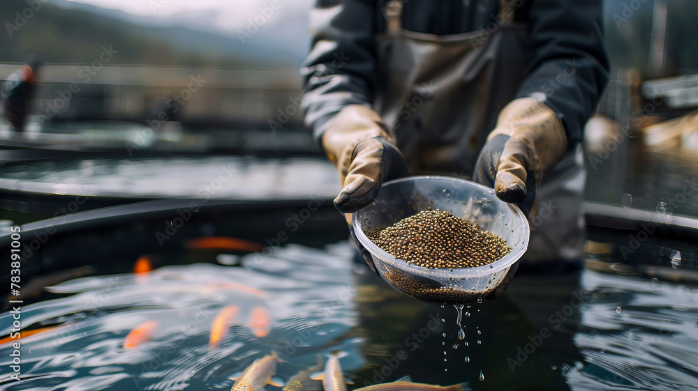 Worker holds scoop of pelleted feed fish for feeding. Concept Farm of trout and salmon. - obrazy, fototapety, plakaty 
