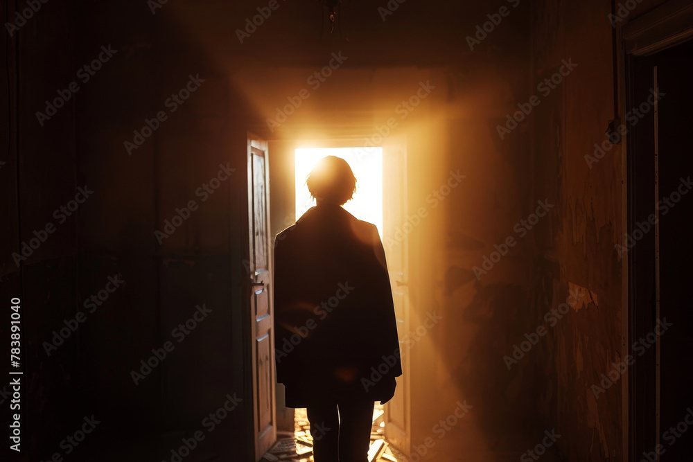 A person is walking through a dark hallway with a door in the background. The hallway is dimly lit, and the person is wearing a black coat. Scene is mysterious and eerie A person is walking through a dark hallway with a door in the background. The hallway is dimly lit, and the person is wearing a black coat. Scene is mysterious and eerie