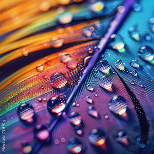 Macro photography of water droplets on a colorful feather