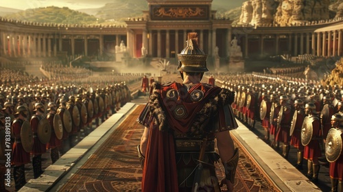 A Roman Emperor stands in front of countless legions of soldiers standing at attention in front of him, symmetrical photo
