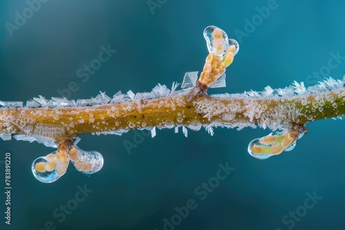 Macro photography of frost on a branch in winter
