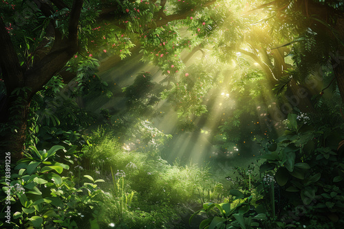 A forest with a tree in the foreground and a path leading to it. The sun is shining through the trees  creating a peaceful and serene atmosphere