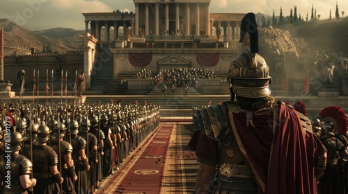 A Roman Emperor stands in front of countless legions of soldiers standing at attention in front of him, symmetrical
