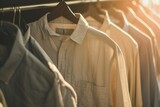 Clean, ironed shirts on a hanger in a store or at home in a light wardrobe. Clothing store concept for sale