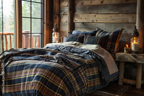 A bed with a plaid comforter and pillows. The bed is in a room with a wooden floor and a window