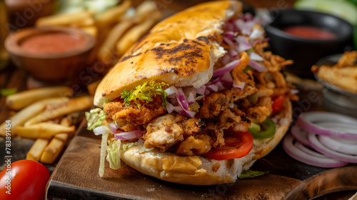 Delectable Gourmet Chicken Sandwich Stacked with Cheese and Vegetables