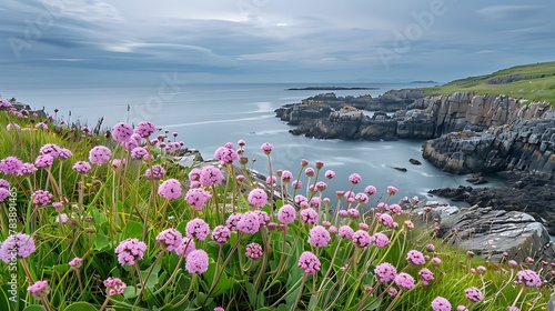 Pink sea thrift flowers on the stunningly beautiful coast