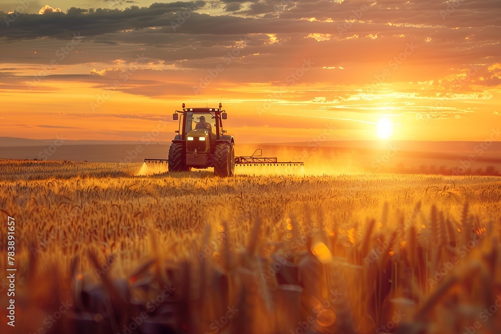Fototapeta premium irrigation tractor spraying or harvesting agricultural crop at sunset. photo is real. place for text. information infographic, generative ai