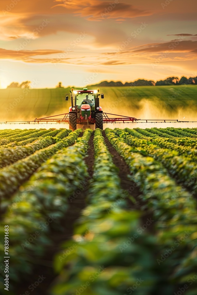 irrigation tractor spraying or harvesting agricultural crop at sunset. photo is real. place for text. information infographic, generative ai irrigation tractor spraying or harvesting agricultural crop at sunset. photo is real. place for text. information infographic, generative ai