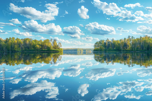 A lake with a cloudy sky in the background. The sky is filled with clouds, and the lake is calm and peaceful. The reflection of the trees in the water adds to the serene atmosphere