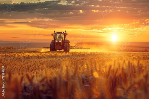 irrigation tractor spraying or harvesting agricultural crop at sunset. photo is real. place for text. information infographic, generative ai photo