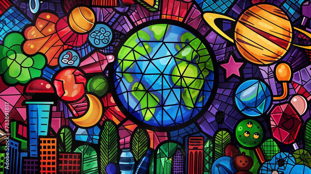 Playful pop art on Earth Day. Stained glass window - Planet fights plastic. Choose green solutions.