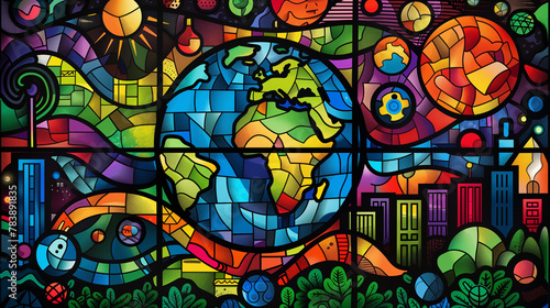 Playful pop art on Earth Day. Stained glass window - Planet fights plastic. Choose green solutions. © Dinusha