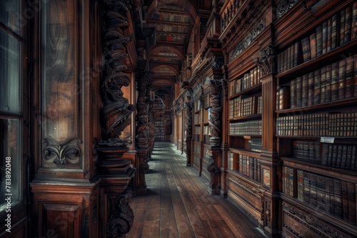 A long, narrow room with wooden shelves and a spiral staircase. The room is filled with books, and the atmosphere is quiet and peaceful photo