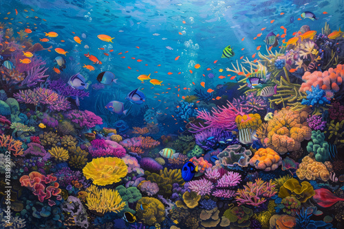 A painting of a colorful coral reef with many fish swimming around. The mood of the painting is peaceful and serene, as the vibrant colors of the fish and coral create a sense of calmness © mila103