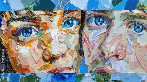 A colorful abstract collage with a tight focus on vibrant blue eyes  capturing a fragmented yet expressive human visage