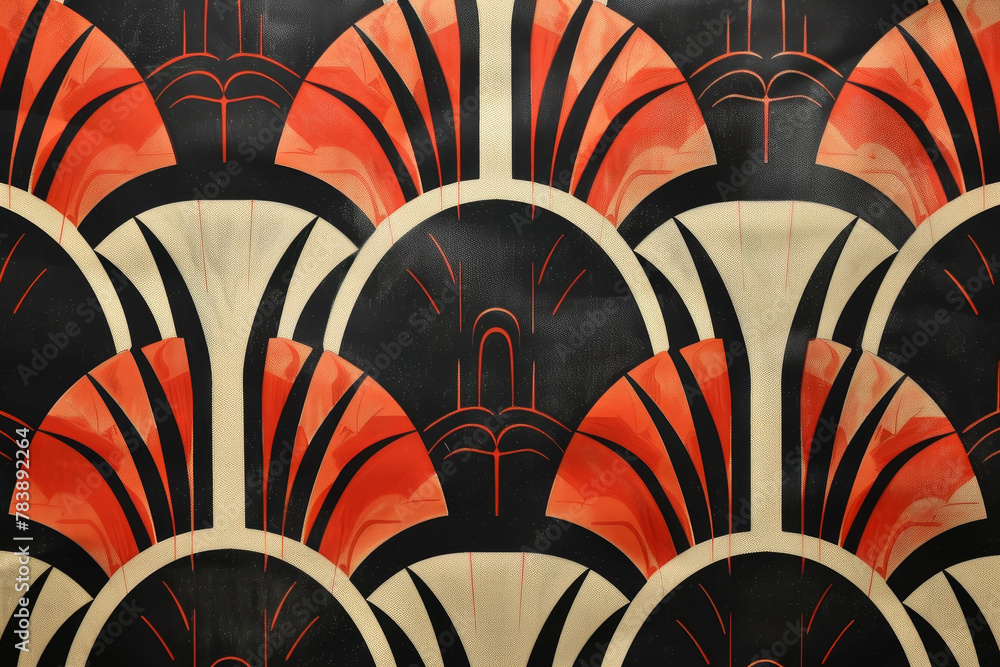 A black and red patterned wallpaper with gold accents. The design is inspired by the Art Deco style A black and red patterned wallpaper with gold accents. The design is inspired by the Art Deco style