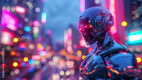, metallic exoskeleton, fearless cyborg adventurer exploring a neon cityscape at dusk, cyberpunk vibe, 3D render, Backlights, Depth of field bokeh effect, Handheld shot view photo