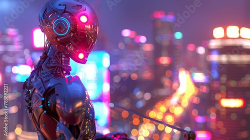 , metallic exoskeleton, fearless cyborg adventurer exploring a neon cityscape at dusk, cyberpunk vibe, 3D render, Backlights, Depth of field bokeh effect, Handheld shot view photo
