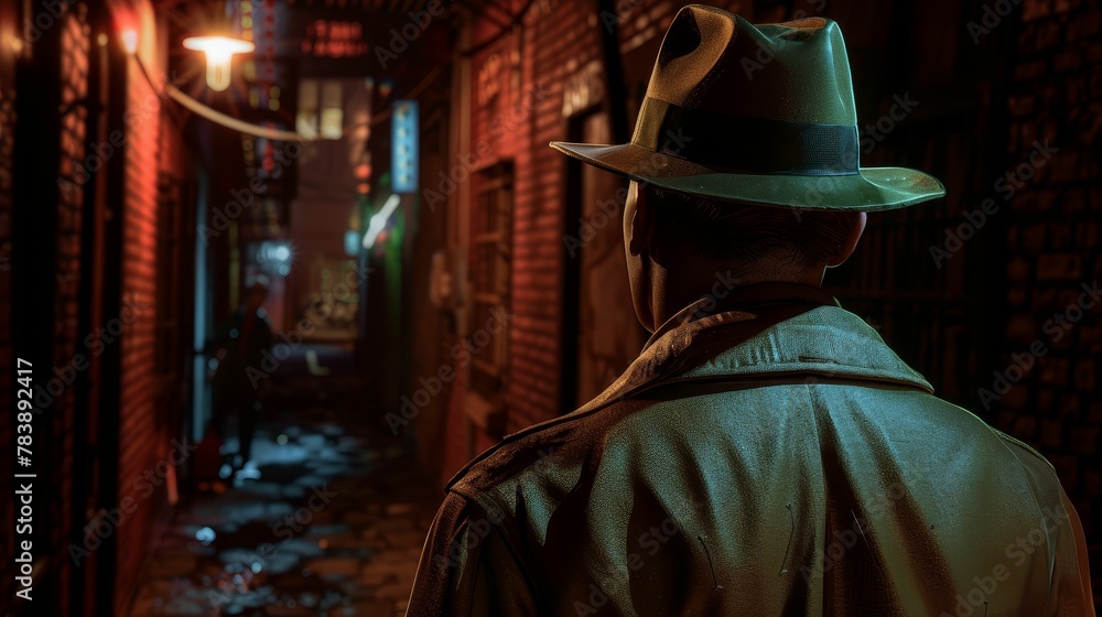 , wearing a fedora, investigating a crime scene in a dimly lit alley, under the glow of a flickering streetlight Realistic, Film Noir lighting, Depth of Field Bokeh effect  , Birdseye view