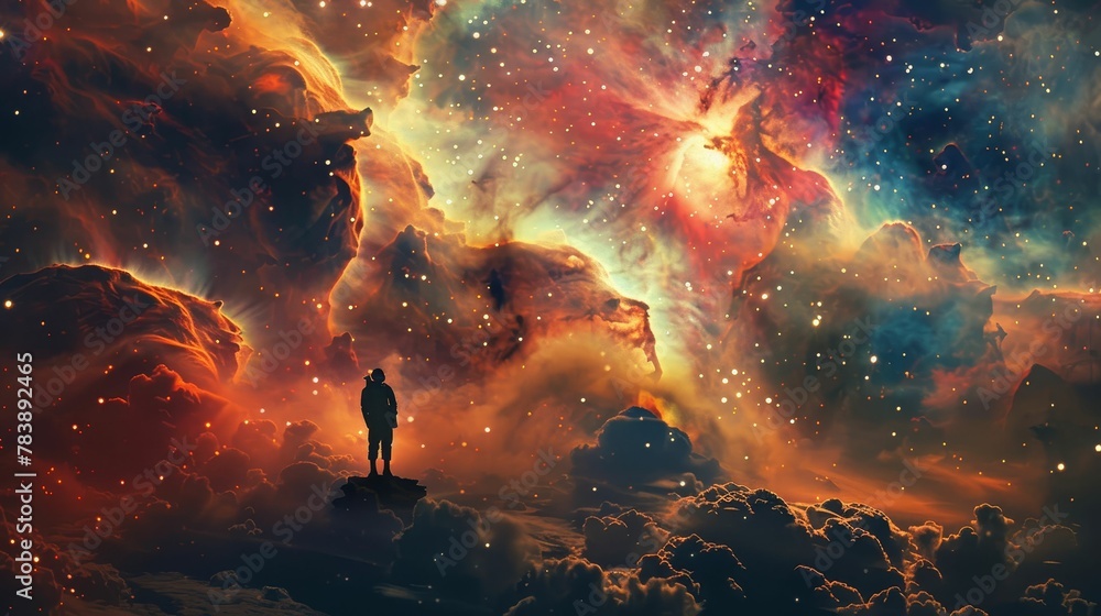 A lone explorer, vast cosmic expanse, nebula clouds, contemplating the unknown, photography, silhouette lighting, double exposure, Dutch angle view A lone explorer, vast cosmic expanse, nebula clouds, contemplating the unknown, photography, silhouette lighting, double exposure, Dutch angle view