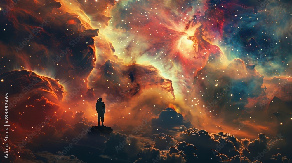 A lone explorer, vast cosmic expanse, nebula clouds, contemplating the unknown, photography, silhouette lighting, double exposure, Dutch angle view