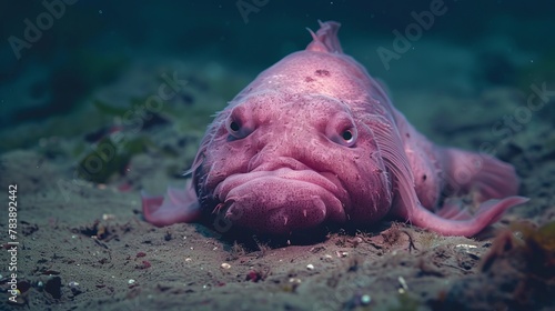 Grumpy pink blobfish on ocean floor photo