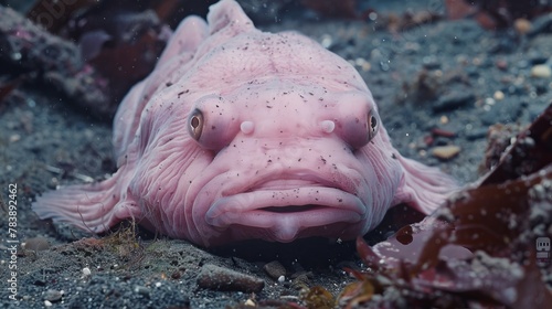 Grumpy pink blobfish on ocean floor