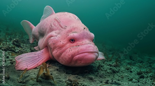 Grumpy pink blobfish on ocean floor photo
