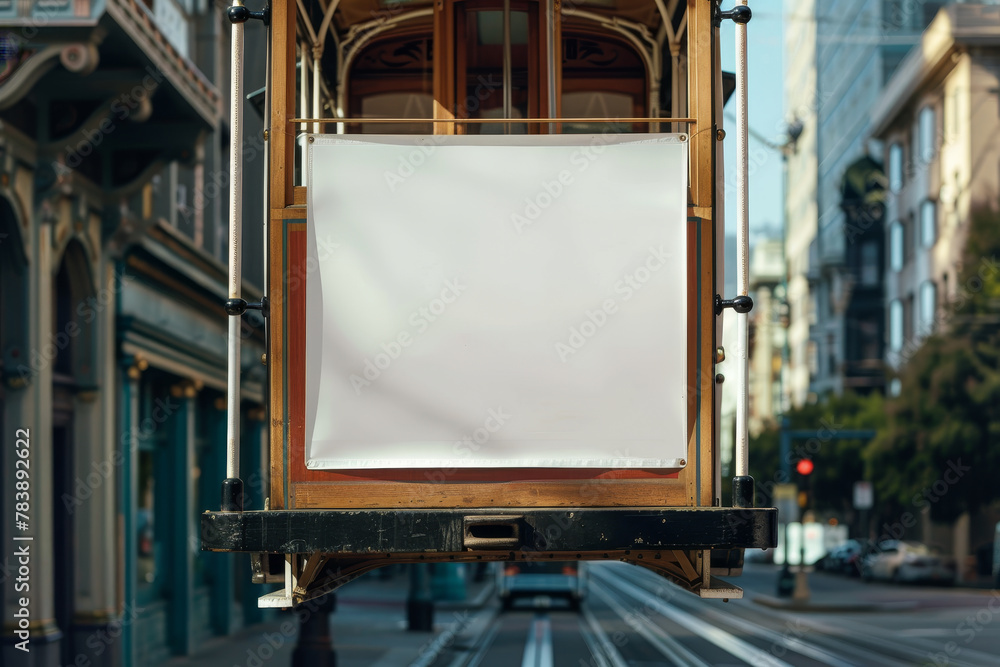 A white banner is hanging from a trolley car. The banner is blank, and the trolley car is traveling down a city street A white banner is hanging from a trolley car. The banner is blank, and the trolley car is traveling down a city street