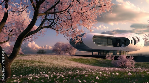 futuristic house in the countryside at spring with pink flowering trees.