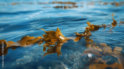 Some brown seaweed floating in the shallows on a calm day taken on a bright blue day photo