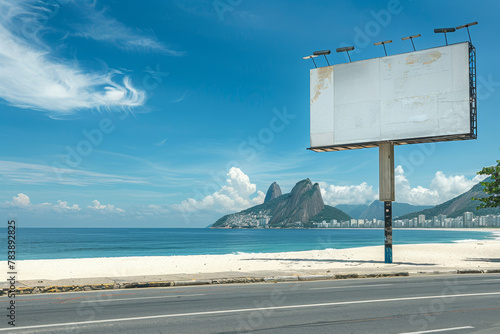 A large billboard is on a beach near the ocean. The billboard is white and is on a pole. The beach is empty and the sky is blue photo