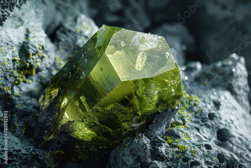 A green crystal is sitting on a rock. The rock is covered in moss and has a rough texture. The crystal is the main focus of the image, and it is a unique and interesting object