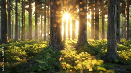 Ambitious rewilding project, oldgrowth forest, dramatic transformation of barren land, 3D render, backlighting, Lens Flare, Closeup shot photo