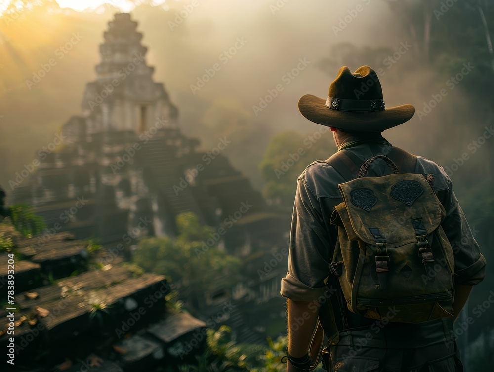 Ancient ruins, explorers hat, seeking lost treasures, deep jungle expedition, misty morning, realistic, golden hour, depth of field bokeh effect, Tracking shot view