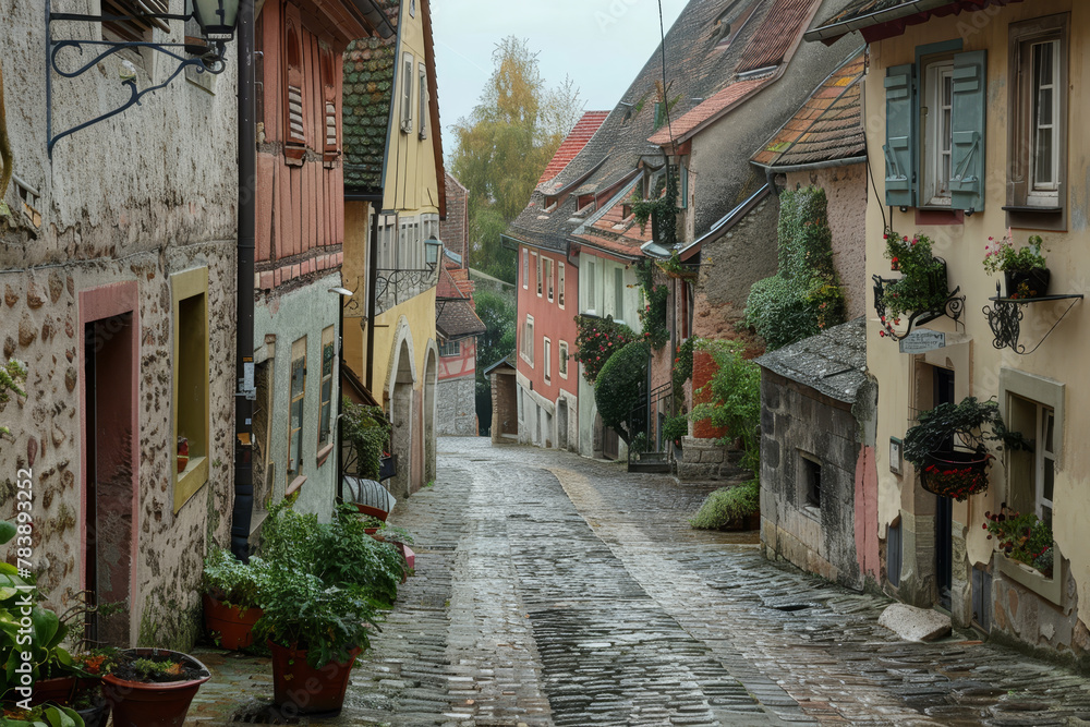 A narrow cobblestone street with a row of houses on either side. The houses are painted in different colors, and the street is lined with potted plants. The atmosphere is cozy and quaint