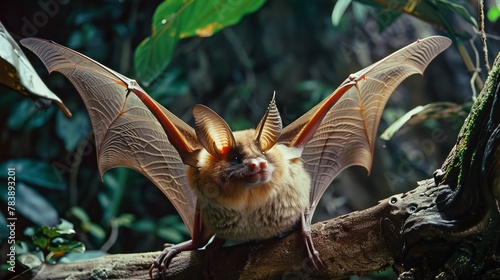 Long-eared bat in lush cave photo