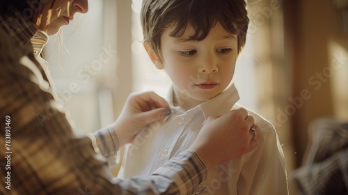 Mother helping child with special needs get dressed